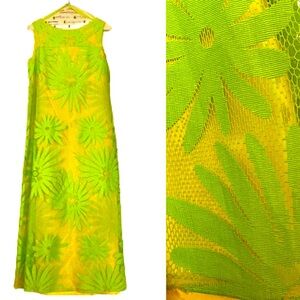 Vintage 60's Lime Green Floral Trapeze Mesh Lace Shift Dress Mod Flower Power